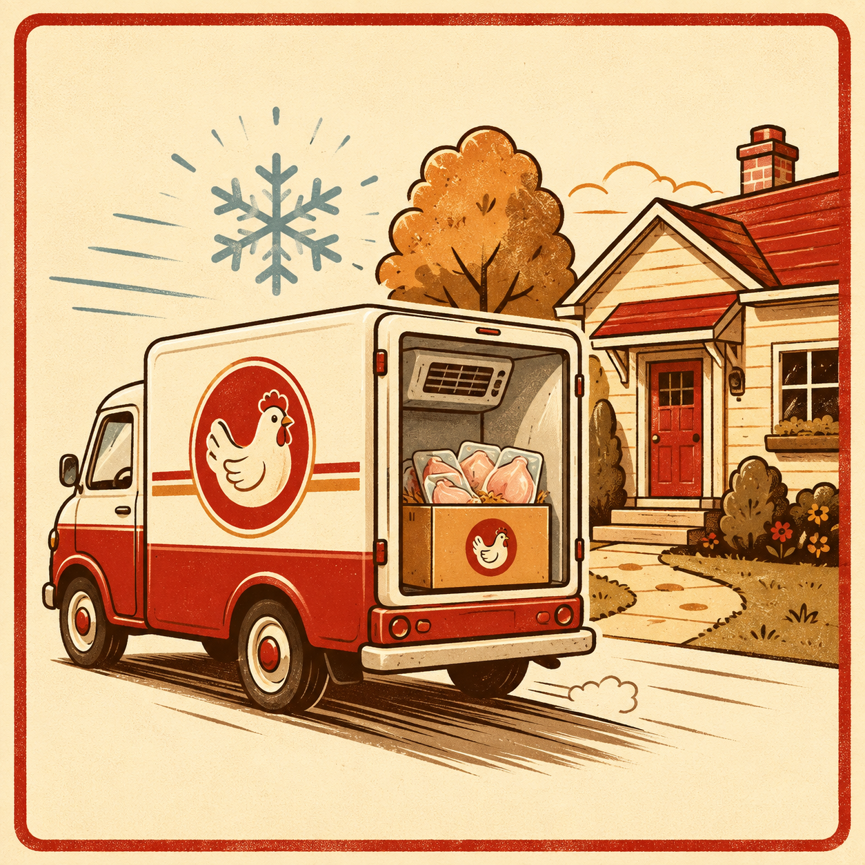 Gekühlte Chicken-Lieferung nach Hause – Retro-Illustration