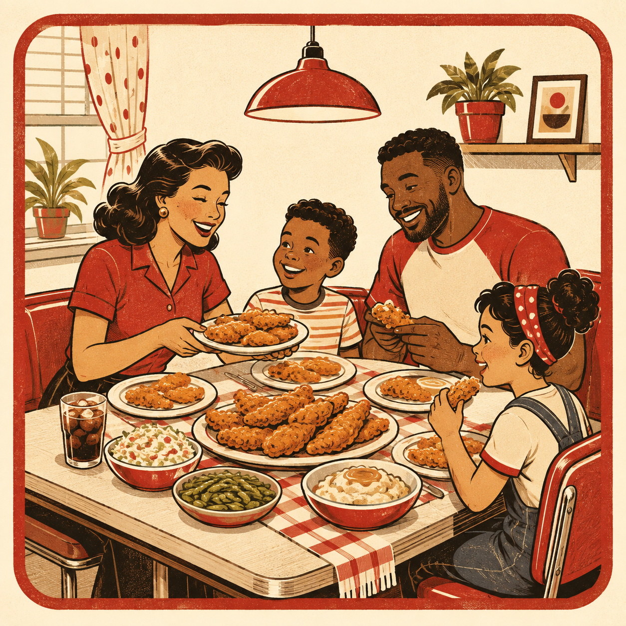 Familie genießt gemeinsam Chicken – Retro-Illustration
